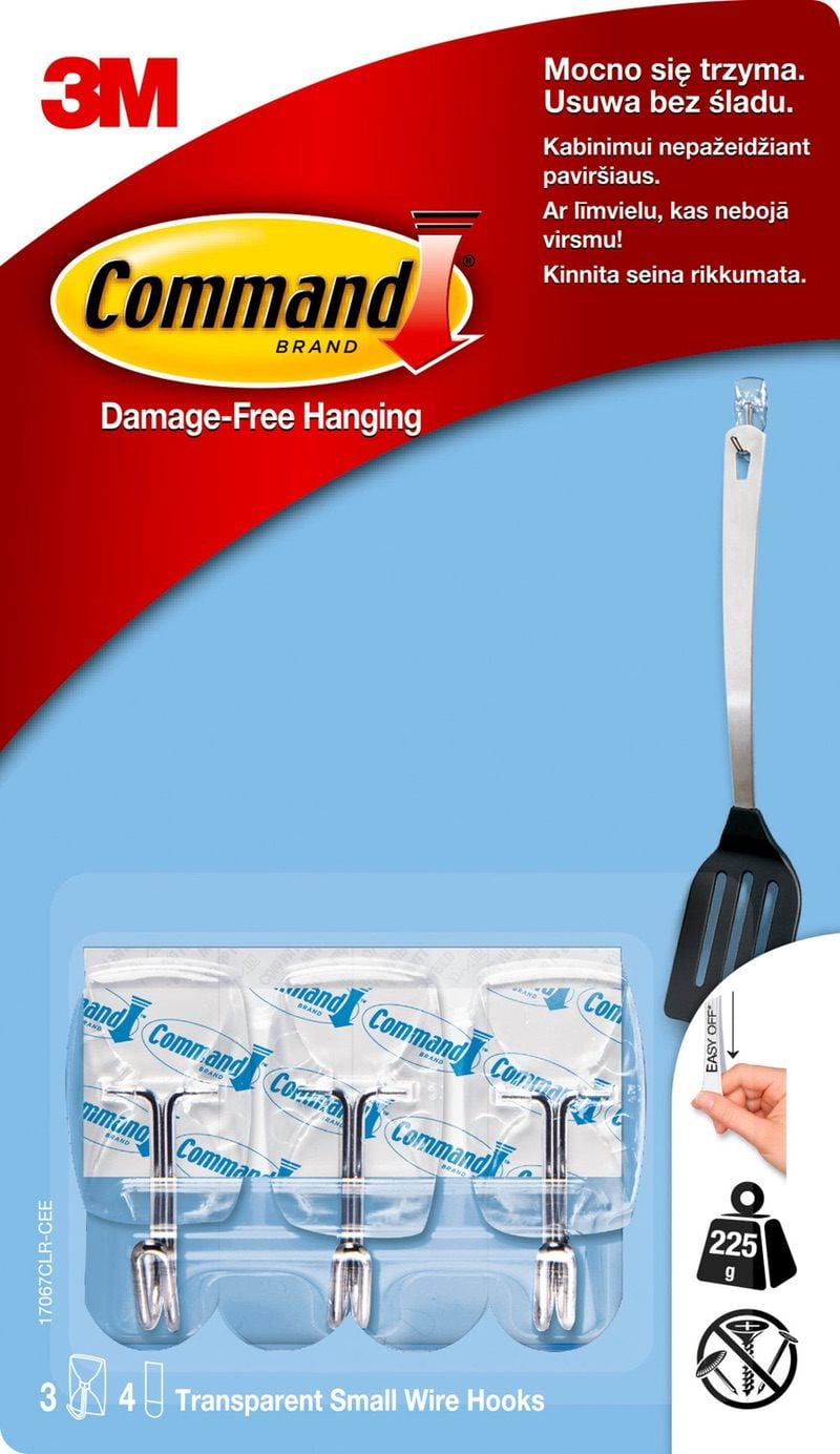 Command™ Mini fémkampók ragasztócsíkkal, S - 3 db műanyag akasztó,  230 g teherbírású mozgó fém kampóval, 4 db nyom nélkül eltávolítható, átlátszó ragasztócsíkkal (régi cikkszám: W